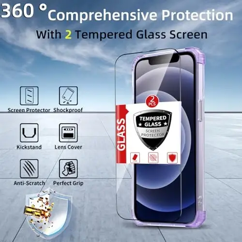 IYTRRYH Magnetic for iPhone 12 Pro Case & for iPhone 12 Case Compatible with MagSafe Wireless Charging,with 2 Screen Protector, Built-in Kickstand Ring,Military Grade Drop Protection Shockproof Purple - 10