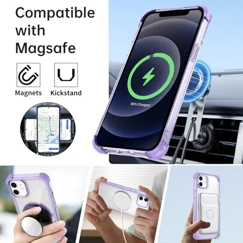IYTRRYH Magnetic for iPhone 12 Pro Case & for iPhone 12 Case Compatible with MagSafe Wireless Charging,with 2 Screen Protector, Built-in Kickstand Ring,Military Grade Drop Protection Shockproof Purple - 2