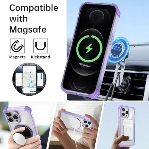 IYTRRYH for iPhone 12 Pro Max Case Magnetic Compatible with MagSafe Wireless Charging,with 2 Screen Protectors,Built-in Kickstand Ring,Military Grade Drop Heavy Duty Protection Shockproof Phone Purple - 11