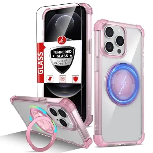 IYTRRYH for iPhone 12 Pro Max Case Magnetic Compatible with MagSafe Wireless Charging,with 2 Screen Protectors,Built-in Kickstand Ring,Military Grade Drop Heavy Duty Protection Shockproof Phone Pink 