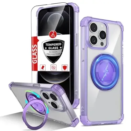 IYTRRYH iPhone 12 Pro Max uchun magnitlangan MagSafe simsiz zaryadlash bilan mos keladi, 2 ta ekran himoyachisi, oʻrnatilgan tirgak halqasi, harbiy darajadagi ogʻir yukdan himoya zarbga chidamli telefon binafsha - 1