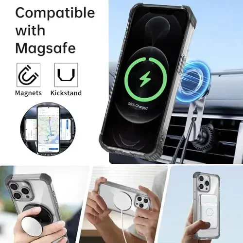 IYTRRYH iPhone 12 Pro Max uchun magnitli g'ilof MagSafe simsiz zaryadlash bilan mos, 2 ta ekran himoyachisi, o'rnatilgan tirgak halqasi, harbiy darajadagi og'ir yuk tashishga chidamli zarbga qarshi telefon qora - 2