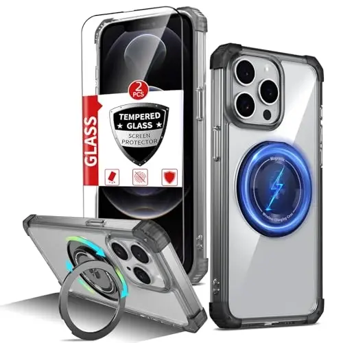 IYTRRYH iPhone 12 Pro Max uchun magnitli g'ilof MagSafe simsiz zaryadlash bilan mos, 2 ta ekran himoyachisi, o'rnatilgan tirgak halqasi, harbiy darajadagi og'ir yuk tashishga chidamli zarbga qarshi telefon qora - IYTRRYH