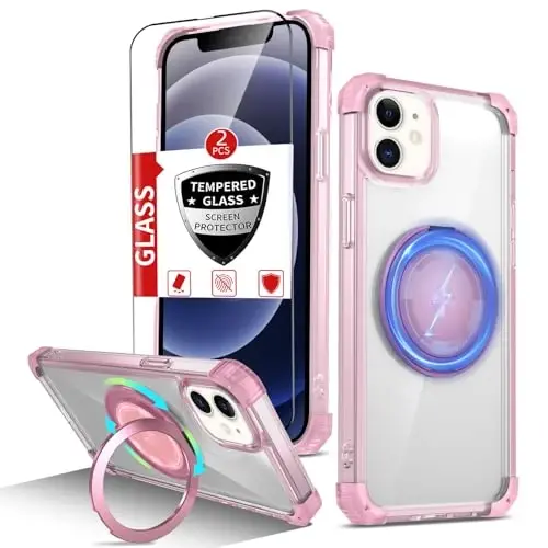 IYTRRYH Magnetic for iPhone 12 Pro Case & for iPhone 12 Case Compatible with MagSafe Wireless Charging,with 2 Screen Protectors, Built-in Kickstand Ring,Military Grade Drop Protection Shockproof Pink - 1