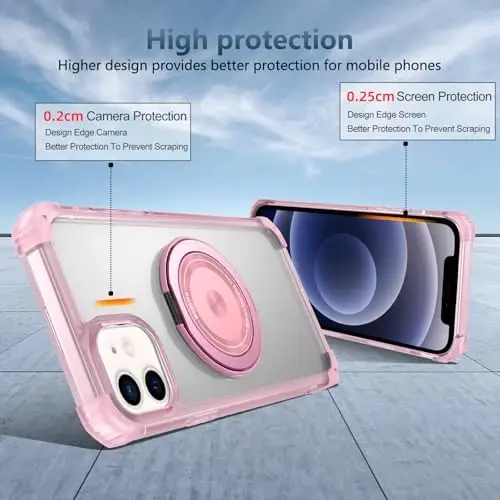 IYTRRYH Magnetic for iPhone 12 Pro Case & for iPhone 12 Case Compatible with MagSafe Wireless Charging,with 2 Screen Protectors, Built-in Kickstand Ring,Military Grade Drop Protection Shockproof Pink - 6