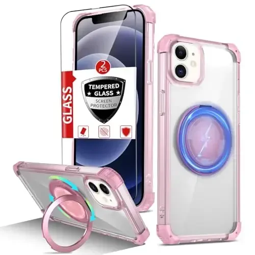 IYTRRYH Magnetic for iPhone 12 Pro Case & for iPhone 12 Case Compatible with MagSafe Wireless Charging,with 2 Screen Protectors, Built-in Kickstand Ring,Military Grade Drop Protection Shockproof Pink 