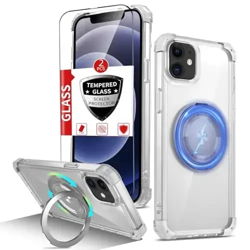 IYTRRYH Magnetic for iPhone 12 Pro Case & for iPhone 12 Case Compatible with MagSafe Wireless Charging,with 2 Screen Protectors, Built-in Kickstand Ring,Military Grade Drop Protection Shockproof Clear - 1