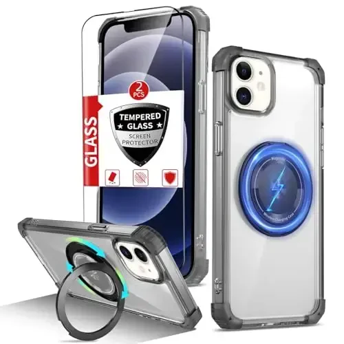 IYTRRYH Magnetic for iPhone 12 Pro Case & for iPhone 12 Case Compatible with MagSafe Wireless Charging,with 2 Screen Protectors, Built-in Kickstand Ring,Military Grade Drop Protection Shockproof Black - 1