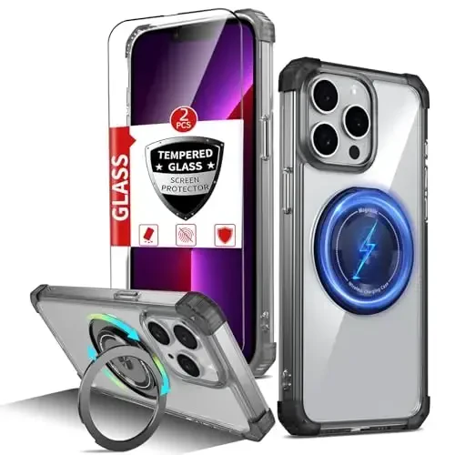 IYTRRYH for iPhone 13 Pro Max Case Magnetic Compatible with MagSafe Wireless Charging,with 2 Screen Protectors,Built-in Kickstand Ring,Military Grade Drop Heavy Duty Protection Shockproof Phone Black - 12