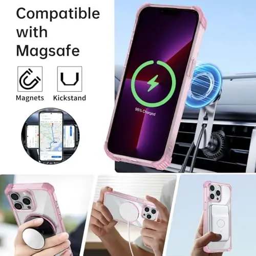 IYTRRYH for iPhone 13 Pro Max Case Magnetic Compatible with MagSafe Wireless Charging,with 2 Screen Protectors,for 13 Pro Max Phone Case with Kickstand Ring,Military Grade Protection Shockproof Pink - 11