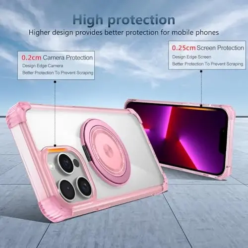 IYTRRYH for iPhone 13 Pro Max Case Magnetic Compatible with MagSafe Wireless Charging,with 2 Screen Protectors,for 13 Pro Max Phone Case with Kickstand Ring,Military Grade Protection Shockproof Pink - 9