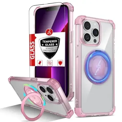 IYTRRYH for iPhone 13 Pro Max Case Magnetic Compatible with MagSafe Wireless Charging,with 2 Screen Protectors,for 13 Pro Max Phone Case with Kickstand Ring,Military Grade Protection Shockproof Pink - 1