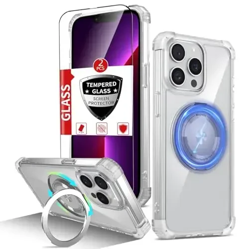 IYTRRYH iPhone 13 Pro Max uchun g'ilof Magnit MagSafe simsiz zaryadlash bilan mos, 2 ta ekran himoyachisi bilan, 13 Pro Max g'ilofi oyoq halqasi bilan, harbiy darajadagi zarbga chidamli shaffof 