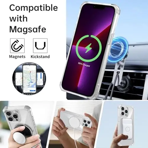 IYTRRYH iPhone 13 Pro Max uchun g'ilof Magnit MagSafe simsiz zaryadlash bilan mos, 2 ta ekran himoyachisi bilan, 13 Pro Max g'ilofi oyoq halqasi bilan, harbiy darajadagi zarbga chidamli shaffof - 2