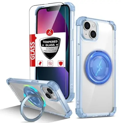 IYTRRYH iPhone 13 uchun g'ilof Magnit MagSafe simsiz zaryadlash bilan mos, 2 ta ekran himoyachisi bilan, 13 g'ilof O'rnatilgan 360° tayanch halqasi, Harbiy darajadagi og'ir yuk himoyasi zarbga chidamli ko'k - 1