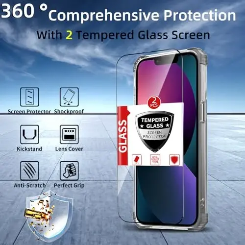IYTRRYH iPhone 13 uchun g‘ilof MagSafe simsiz zaryadlash bilan mos, 2 ta ekran himoyachisi bilan, 13 g‘ilof O‘rnatilgan 360° tayanch halqasi, Harbiy darajadagi og‘ir yukdan himoya зарбага қарши қора - 8