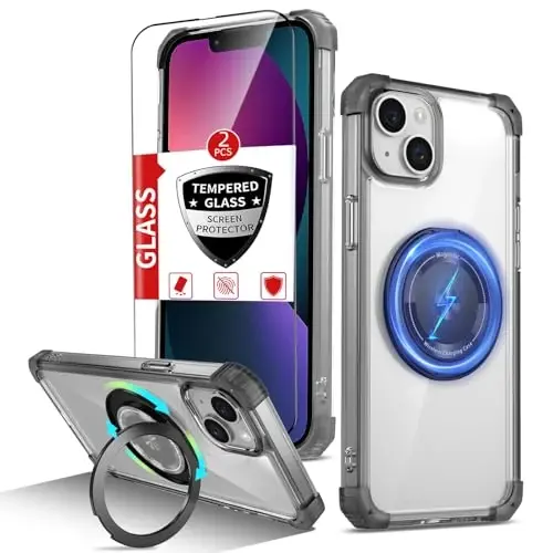 IYTRRYH iPhone 13 uchun g‘ilof MagSafe simsiz zaryadlash bilan mos, 2 ta ekran himoyachisi bilan, 13 g‘ilof O‘rnatilgan 360° tayanch halqasi, Harbiy darajadagi og‘ir yukdan himoya зарбага қарши қора - 1