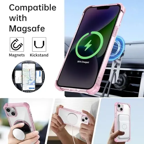 IYTRRYH for iPhone 14 Case Magnetic Compatible with MagSafe Wireless Charging,with 2 Screen Protectors,for 14 Case Built-in 360°Kickstand Ring,Military Grade Drop Heavy Duty Protection Shockproof Pink - 2