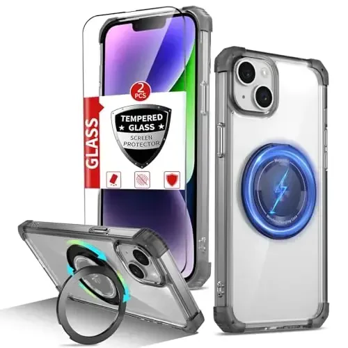 IYTRRYH Magnetic for iPhone 14 Plus Case Compatible with MagSafe Wireless Charging,with 2 Screen Protectors,for 14Plus Case Built-in 360°Kickstand Ring,Military Grade Drop Protection Shockproof Black - 1