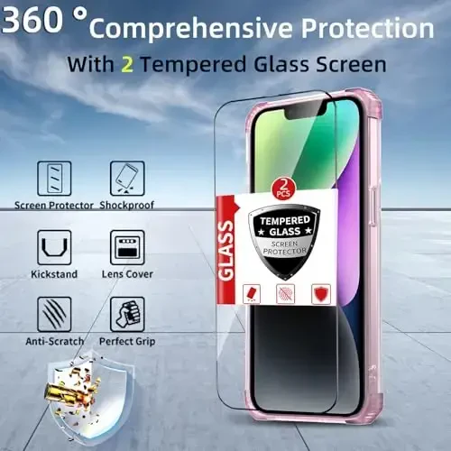 IYTRRYH Magnetic for iPhone 14 Plus Case Compatible with MagSafe Wireless Charging,with 2 Screen Protectors,for 14 Plus Case Built-in 360°Kickstand Ring,Military Grade Drop Protection Shockproof Pink - 4