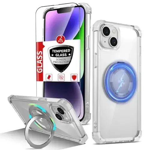 IYTRRYH iPhone 14 Plus uchun magnitli g'ilof MagSafe bilan mos keladi, 2 ta ekran himoyachisi, o'rnatilgan kamera qopqog'i+tirgak halqasi, harbiy darajadagi zarbga chidamli og'ir himoya telefon bamperi tiniq 