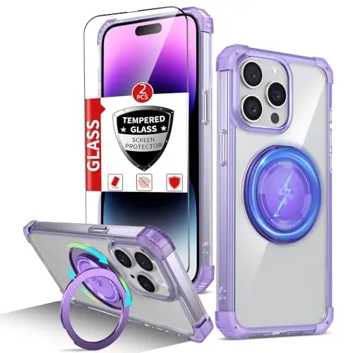 IYTRRYH iPhone 14 Pro Max uchun g'ilof Magnit MagSafe simsiz zaryadlash bilan mos keladi, 2 ekran himoyachisi, o'rnatilgan tirgak halqasi, harbiy darajadagi og'ir yuk ko'tarish zarbiga chidamli telefon Binafsha - IYTRRYH