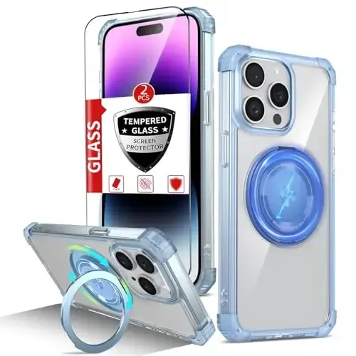 IYTRRYH iPhone 14 Pro Max uchun magnitli g'ilof MagSafe simsiz zaryadlash bilan mos keladi, 2 ta ekran himoyachisi, o'rnatilgan tayanch halqasi, harbiy darajadagi og'ir yukdan himoya, zarbga chidamli telefon ko'k - 1