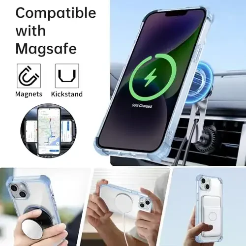 IYTRRYH iPhone 14 uchun g'ilof Magnit MagSafe simsiz zaryadlash bilan mos, 2 ekran himoyachisi bilan, o'rnatilgan 360° tayanch halqasi Harbiy darajadagi og'ir yuklarni tushirishdan himoya Zarba o'tkazmaydigan telefon g'ilofi ko'k - 11