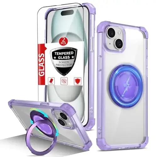 IYTRRYH Magnetic for iPhone 15 Case Compatible with MagSafe Wireless Charging,with 2 Screen Protectors,for iPhone 15 Case Built-in 360°Kickstand Ring,Military Grade Drop Protection Shockproof Purple - 1