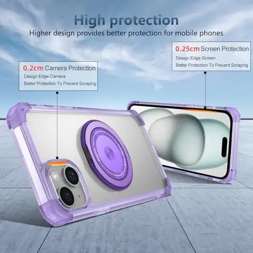 IYTRRYH Magnetic for iPhone 15 Case Compatible with MagSafe Wireless Charging,with 2 Screen Protectors,for iPhone 15 Case Built-in 360°Kickstand Ring,Military Grade Drop Protection Shockproof Purple - 5