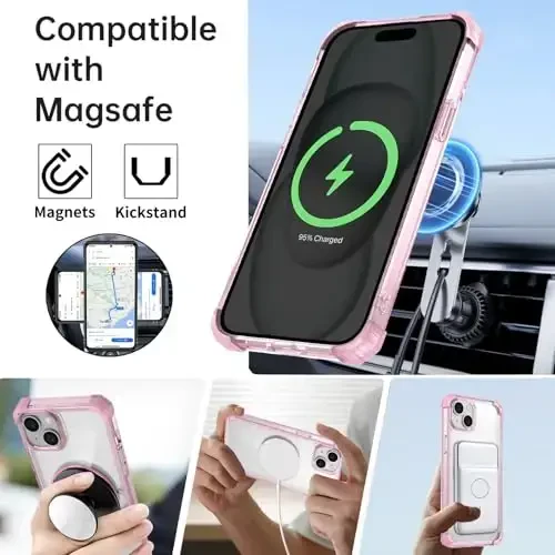 IYTRRYH for iPhone 15 Case Magnetic Compatible with MagSafe Wireless Charging,with 2 Screen Protectors,for iPhone 15 Phone Case Built-in 360° Kickstand Ring,Military Grade Protection Shockproof Pink - 2
