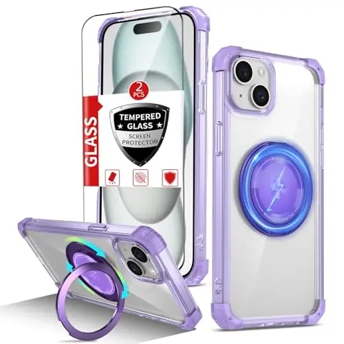 IYTRRYH Magnetic for iPhone 15 Plus Case Compatible with MagSafe Wireless charging,with 2 Screen Protectors,for 15Plus Case Built-in 360°Kickstand Ring,Military Grade Drop Protection Shockproof Purple - 1