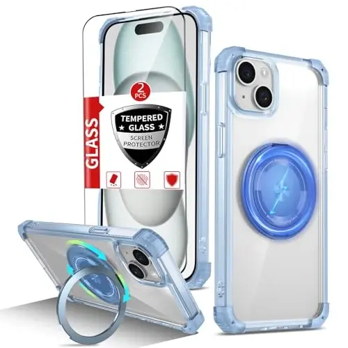 IYTRRYH iPhone 15 Plus uchun magnitli g'ilof, MagSafe simsiz zaryadlash bilan mos, 2 ekran himoyachisi bilan, 15 Plus uchun o'rnatilgan 360° tayanch halqasi, harbiy darajadagi zarbga chidamli ko'k g'ilof - 1