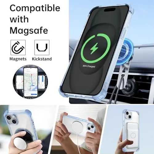 IYTRRYH iPhone 15 Plus uchun magnitli g'ilof, MagSafe simsiz zaryadlash bilan mos, 2 ekran himoyachisi bilan, 15 Plus uchun o'rnatilgan 360° tayanch halqasi, harbiy darajadagi zarbga chidamli ko'k g'ilof - 2
