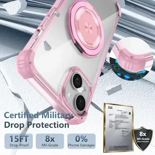 IYTRRYH iPhone 15 Plus uchun magnitli himoya qobiq, MagSafe simsiz quvvatlash bilan mos keladi, 2 ta ekran himoyachisi bilan, 15 Plus qobiqqa o‘rnatilgan 360° aylanuvchi halqa, harbiy darajadagi zarba himoyasi, pushti rang. - 1