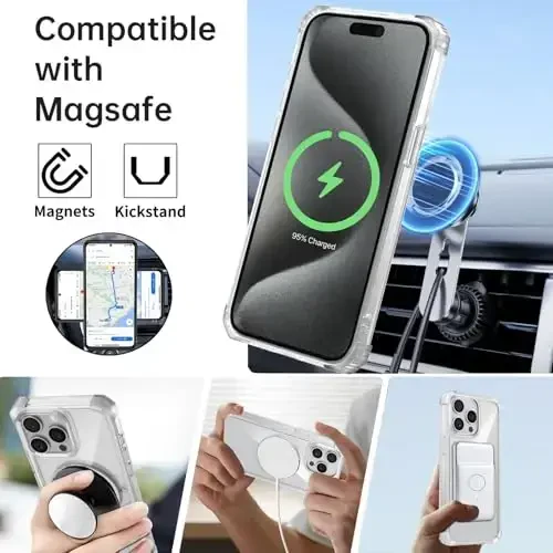 IYTRRYH iPhone 15 Pro g'ilofi uchun MagSafe simsiz zaryadlash bilan mos keladi, 2 ta ekran himoyachisi, o'rnatilgan tayanch, 15 Pro telefon g'ilofi harbiy darajadagi og'ir himoya zarbga chidamli tiniq - 2