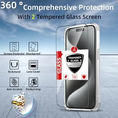 IYTRRYH iPhone 15 Pro g'ilofi uchun MagSafe simsiz zaryadlash bilan mos keladi, 2 ta ekran himoyachisi, o'rnatilgan tayanch, 15 Pro telefon g'ilofi harbiy darajadagi og'ir himoya zarbga chidamli tiniq - 4