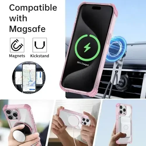 IYTRRYH Magnetic for iPhone 15 Pro Case Compatible with MagSafe Wireless Charging,with 2 Screen Protectors,for 15 Pro Case Built-in 360°Kickstand Ring,Military Grade Drop Protection Shockproof Pink - IYTRRYH (1)
