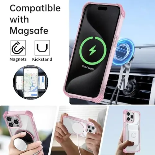 IYTRRYH Magnetic for iPhone 15 Pro Case Compatible with MagSafe Wireless Charging,with 2 Screen Protectors,for 15 Pro Case Built-in 360°Kickstand Ring,Military Grade Drop Protection Shockproof Pink - 2