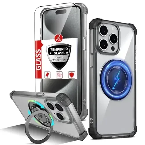 IYTRRYH for iPhone 15 Pro Max Case Magnetic Compatible with MagSafe,with 2 Screen Protector,Built-in Camera Cover+Kickstand Ring,Military Grade Drop Shockproof Heavy Duty Protection Phone Bumper Black - IYTRRYH