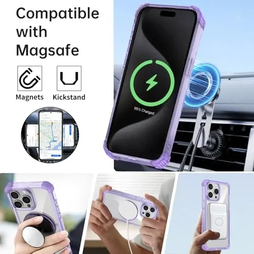 IYTRRYH for iPhone 15 Pro Max Case Magnetic Compatible with MagSafe,with 2Screen Protector,Built-in Camera Cover+Kickstand Ring,Military Grade Drop Shockproof Heavy Duty Protection Phone Bumper Purple - 2