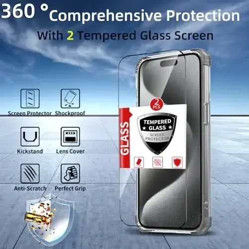 IYTRRYH iPhone 15 Pro Max uchun g'ilof Magnit MagSafe bilan mos keladi, 2 ta ekran himoyachisi, o'rnatilgan kamera qopqog'i + tayanch halqasi, harbiy standartga mos zarbaga chidamli kuchli himoya telefon bumperi qora - 3