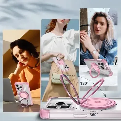 IYTRRYH iPhone 15 Pro Max uchun MagSafe bilan mos keladigan g'ilof, 2 ta ekran himoyachisi, o'rnatilgan kamera qopqog'i+tirgak halqasi, harbiy darajadagi zarbga chidamli himoya telefon bamperi pushti - 4