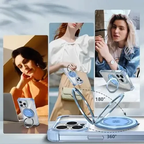 IYTRRYH iPhone 15 Pro uchun magnitli g'ilof MagSafe simsiz zaryadlash bilan mos, 2 ta ekran himoyachisi bilan, 15 Pro g'ilof o'rnatilgan 360° tayanch halqasi, harbiy darajadagi zarbga chidamli ko'k - 5