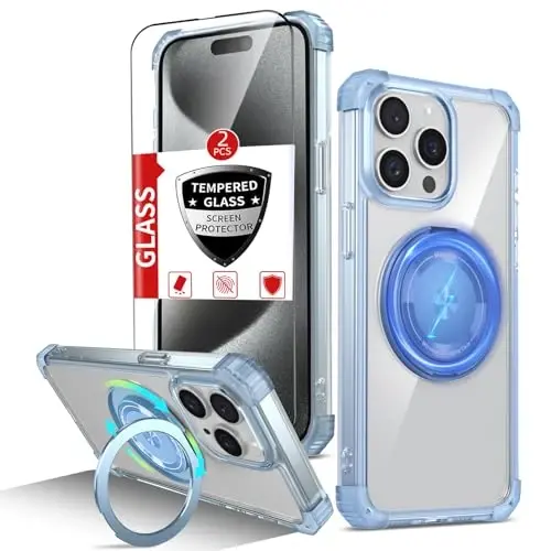 IYTRRYH iPhone 15 Pro uchun magnitli g'ilof MagSafe simsiz zaryadlash bilan mos, 2 ta ekran himoyachisi bilan, 15 Pro g'ilof o'rnatilgan 360° tayanch halqasi, harbiy darajadagi zarbga chidamli ko'k 