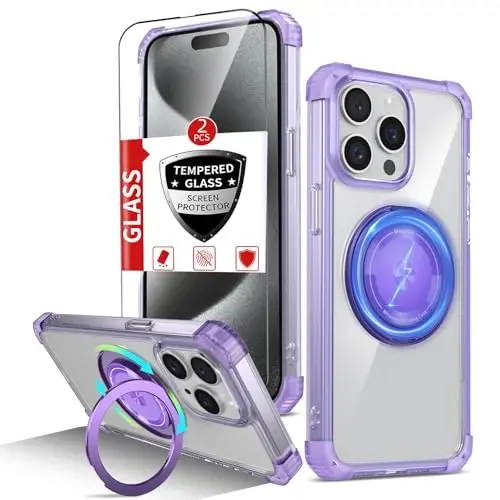 IYTRRYH iPhone 15 Pro uchun magnitli g'ilof MagSafe simsiz zaryadlash bilan mos keladi, 2 ta ekran himoyachisi bilan, iPhone 15 Pro telefon g'ilofi oyoqli halqa, harbiy darajadagi zarbga chidamli binafsha 