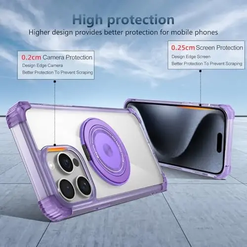 IYTRRYH iPhone 15 Pro uchun magnitli g'ilof MagSafe simsiz zaryadlash bilan mos keladi, 2 ta ekran himoyachisi bilan, iPhone 15 Pro telefon g'ilofi oyoqli halqa, harbiy darajadagi zarbga chidamli binafsha - 4