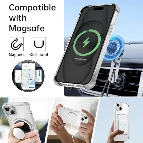IYTRRYH iPhone 15 uchun g‘ilof Magnit MagSafe simsiz zaryadlash bilan mos, 2 ta ekran himoyachisi bilan, 15 g‘ilof O‘rnatilgan 360° tayanch halqasi, Harbiy darajadagi og‘ir yukdan himoya zarbga chidamli tiniq - IYTRRYH (1)