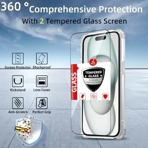 IYTRRYH iPhone 15 uchun g‘ilof Magnit MagSafe simsiz zaryadlash bilan mos, 2 ta ekran himoyachisi bilan, 15 g‘ilof O‘rnatilgan 360° tayanch halqasi, Harbiy darajadagi og‘ir yukdan himoya zarbga chidamli tiniq - 3