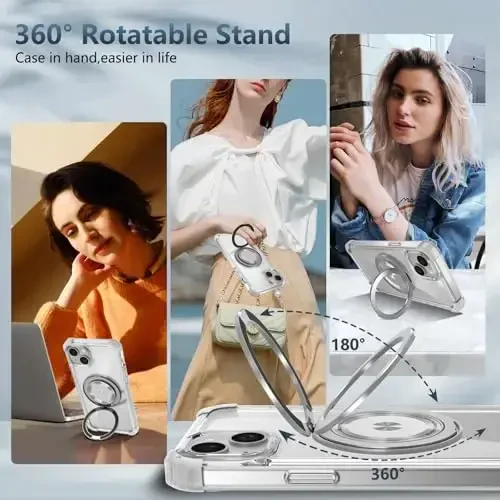 IYTRRYH iPhone 15 uchun g‘ilof Magnit MagSafe simsiz zaryadlash bilan mos, 2 ta ekran himoyachisi bilan, 15 g‘ilof O‘rnatilgan 360° tayanch halqasi, Harbiy darajadagi og‘ir yukdan himoya zarbga chidamli tiniq - 4